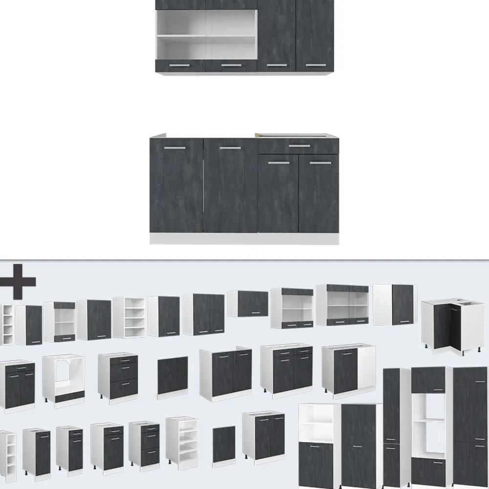 Vicco Singleküche R-Line 140 cm Schwarz Beton Weiß ohne Arbeitsplatte Best