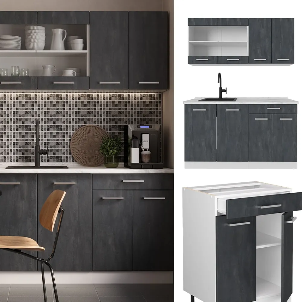 Vicco Singleküche R-Line 140 cm Schwarz Beton Weiß ohne Arbeitsplatte Best