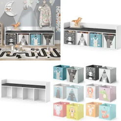Sitzbank Kinderzimmerbank Kinderregal Luigi Weiß 142x53 cm modern Faltbox Kinderzimmer Regal Aufbewahrungsregal Bücherregal Lesebank Spielzeugaufbewahrung Organizer Regal-Bank-Kombi 4 Fächer ^ Vicco Outlet