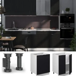 Unterschrank Fame-Line Weiß Schwarz gestreift 60 cm mit Arbeitsplatte Anthrazit ^ Vicco New