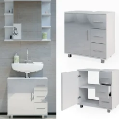 Waschtischunterschrank Waschbeckenunterschrank Badschrank Elias Weiß Hochglanz modern 60x61cm Badezimmer Schrank Badmöbel Schranktür Schrankschublade Aufbewahrung ^ Vicco Hot