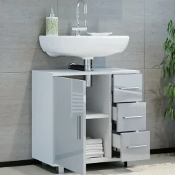 Waschtischunterschrank Waschbeckenunterschrank Badschrank Elias Weiß Hochglanz modern 60x61cm Badezimmer Schrank Badmöbel Schranktür Schrankschublade Aufbewahrung ^ Vicco Hot