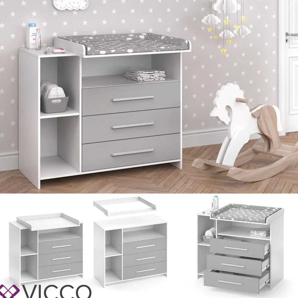 Wickelkommode OSKAR weiß grau Wickelregal Babymöbel Kommode Wickeltisch ^ Vicco New