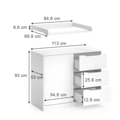 Wickelkommode Ruben 113 x 53 cm, Weiß, Wickeltisch inkl. Wickelauflage ^ Vicco Discount