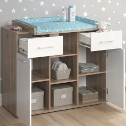 Wickelkommode Wickeltisch Wickelregal Leonie mit Wickelaufsatz Sonoma/Weiß ^ Vicco Clearance