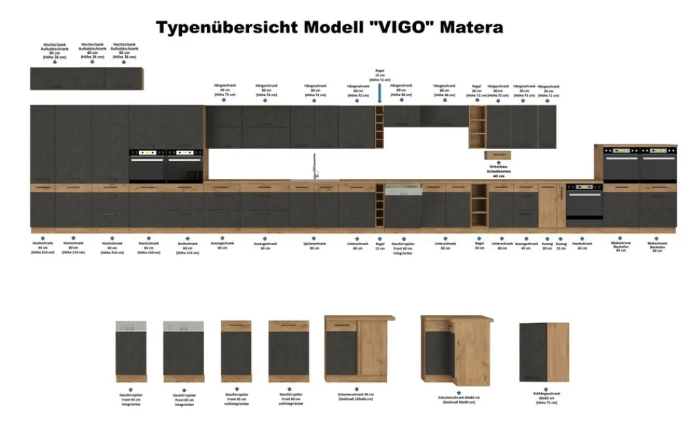 Vigo Midischrank 60 cm Eiche Lancelot Matera Grau Küchenzeile Küchenblock Küche ^ Küchen-Preisbombe Best