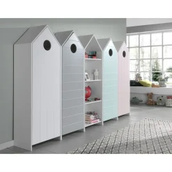 vipack CASAMI Set 5-teilig - 1x Regalschrank, 4x Schrank 1-türig mit Fronten in Pink, Weiß, Grau und Mint Discount