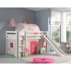vipack Spielbett Pino inkl. Rutsche, Kiefer massiv weiß mit Vorhang und Tunnel - Dessin Spring New