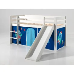 vipack Spielbett Pino inkl. Rutsche, Kiefer massiv weiß mit Vorhang - Dessin Astro Hot