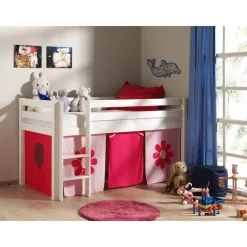 vipack Spielbett Pino mit Textilset "Pink Flower", Kiefer massiv weiss lackiert Hot