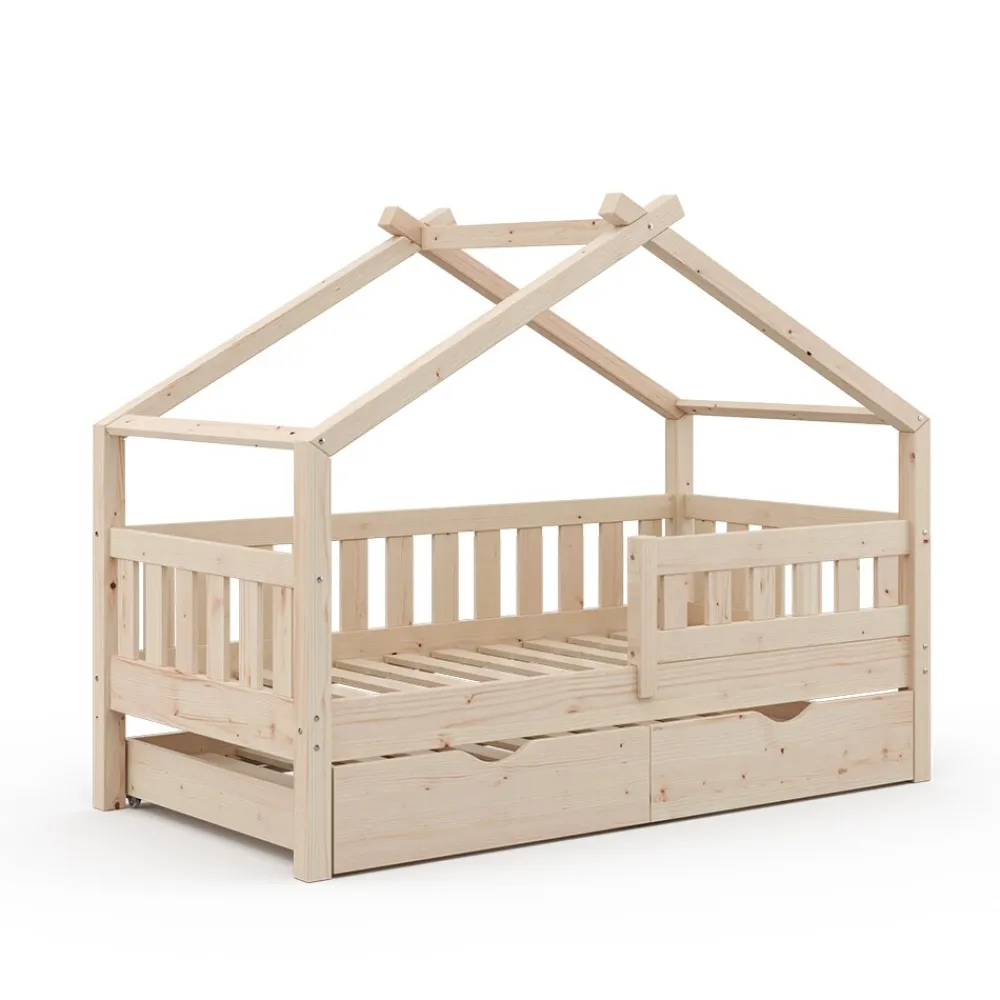 VitaliSpa Design Kinderbett 160x80 Babybett Hausbett Gästebett Lattenrost natur New