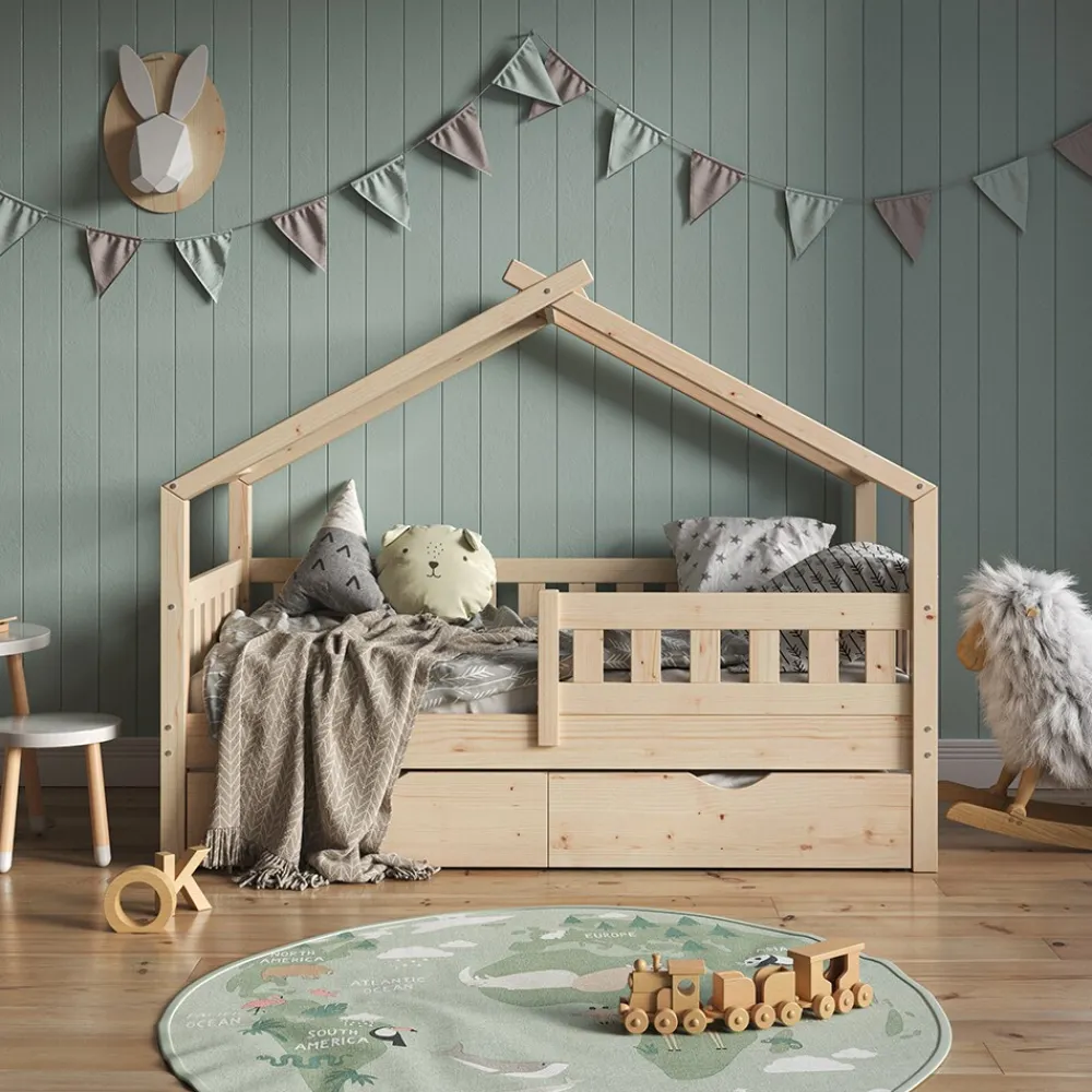 VitaliSpa Design Kinderbett 160x80 Babybett Hausbett Gästebett Lattenrost natur New