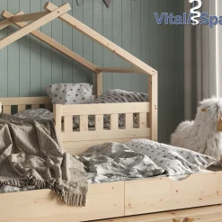 VitaliSpa Design Kinderbett 160x80 Babybett Hausbett Gästebett Lattenrost natur New