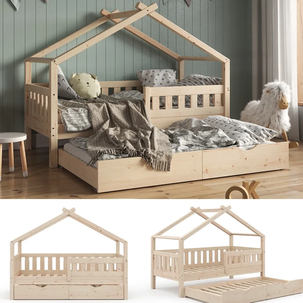VitaliSpa Design Kinderbett 160x80 Babybett Hausbett Gästebett Lattenrost natur New