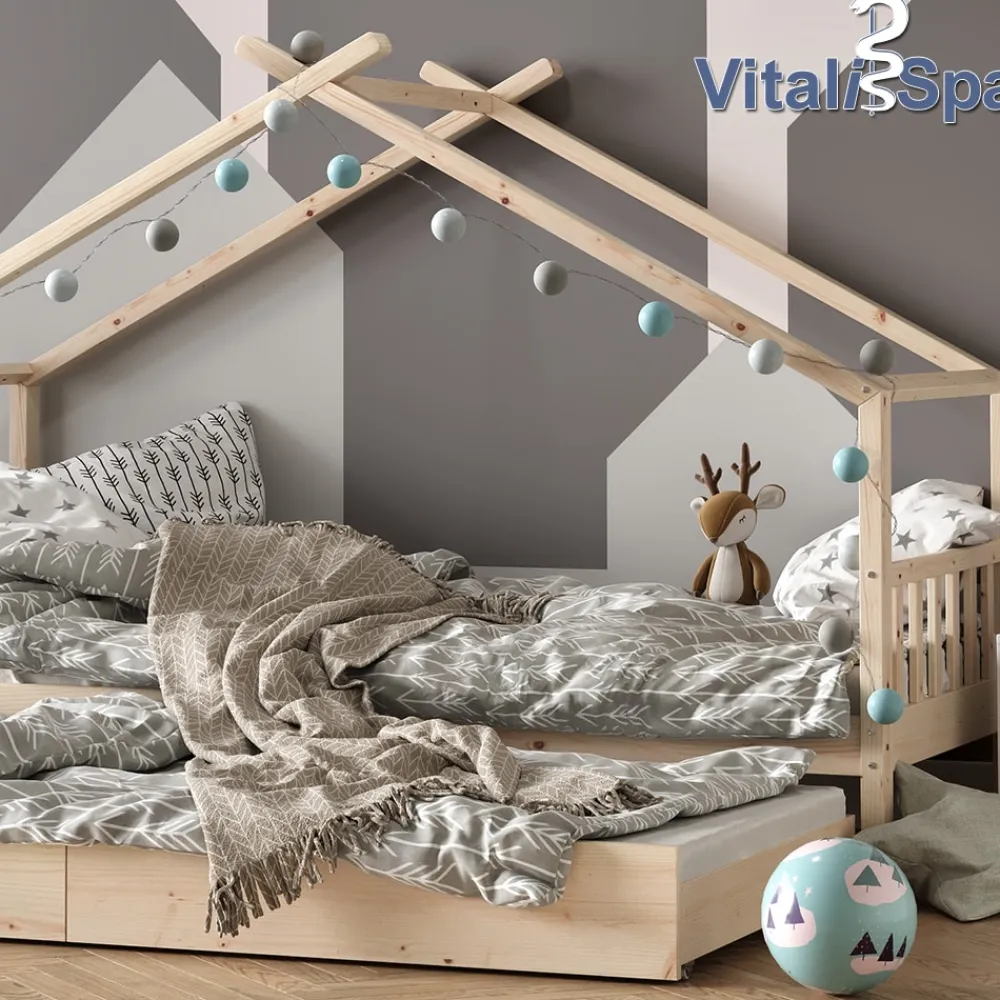 VitaliSpa Kinderbett DESIGN HausbettGästebett LattenrostNatur 90x200 Schublade Outlet