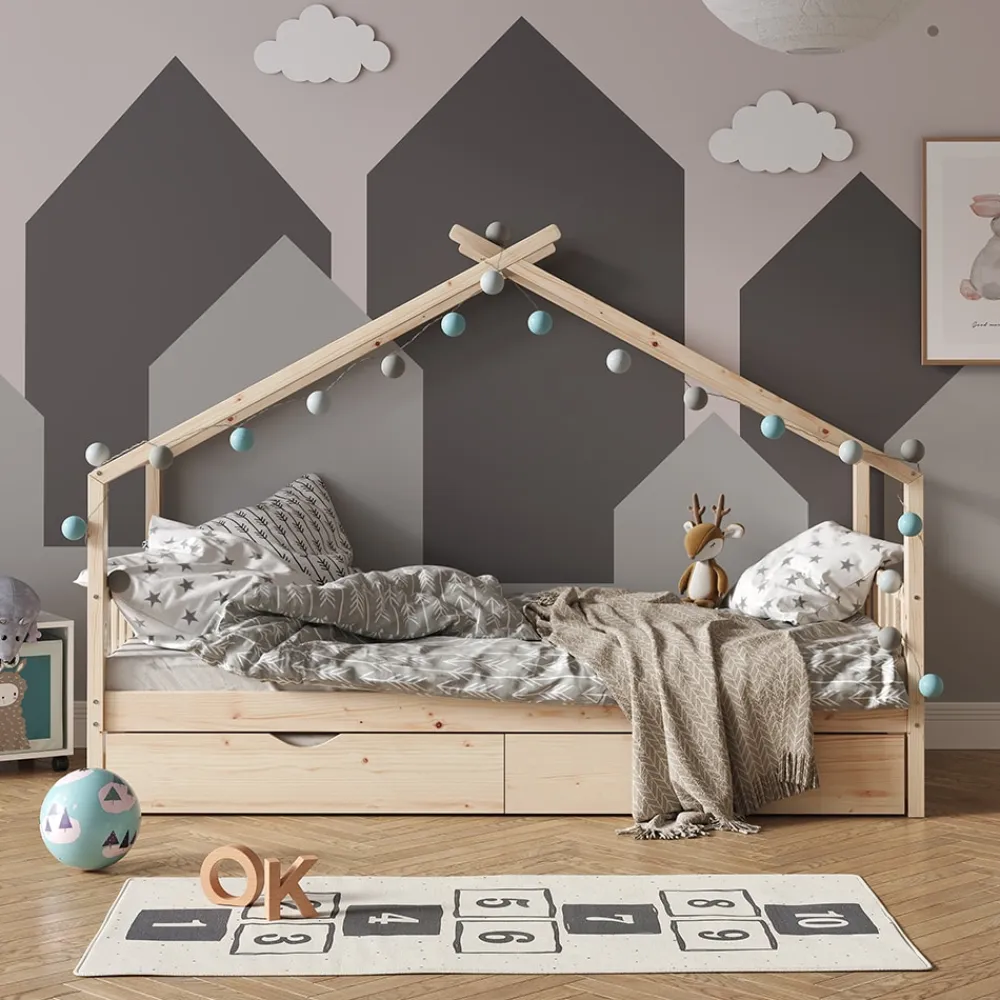 VitaliSpa Kinderbett DESIGN HausbettGästebett LattenrostNatur 90x200 Schublade Outlet
