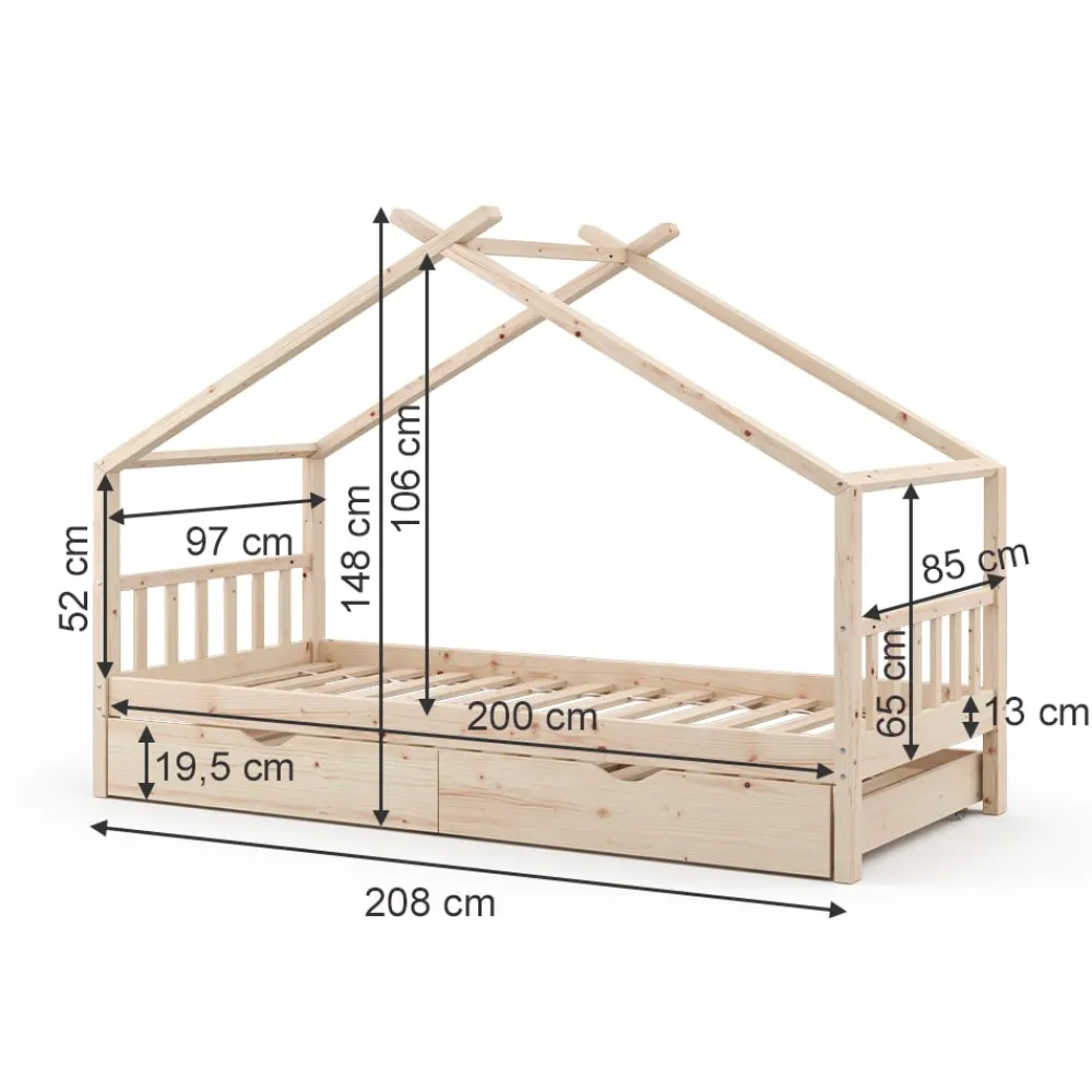 VitaliSpa Kinderbett DESIGN HausbettGästebett LattenrostNatur 90x200 Schublade Outlet