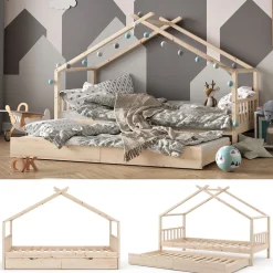 VitaliSpa Kinderbett DESIGN HausbettGästebett LattenrostNatur 90x200 Schublade Outlet