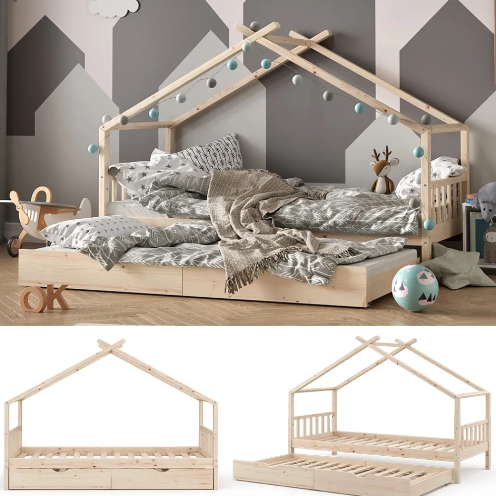 VitaliSpa Kinderbett DESIGN HausbettGästebett LattenrostNatur 90x200 Schublade Outlet
