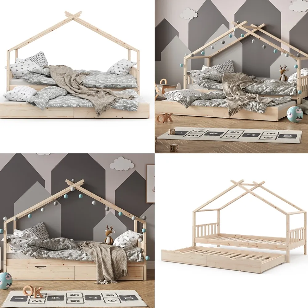 VitaliSpa Kinderbett DESIGN HausbettGästebett LattenrostNatur 90x200 Schublade Outlet