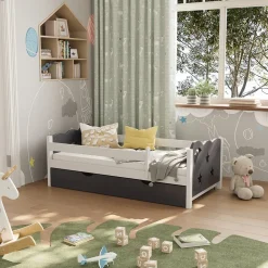 VitaliSpa Kinderbett Einzelbett Juniorbett Jessica Weiß Grau 140x70 cm Matratze modern Kinderzimmer Bett Bettschublade Rausfallschutz Hot