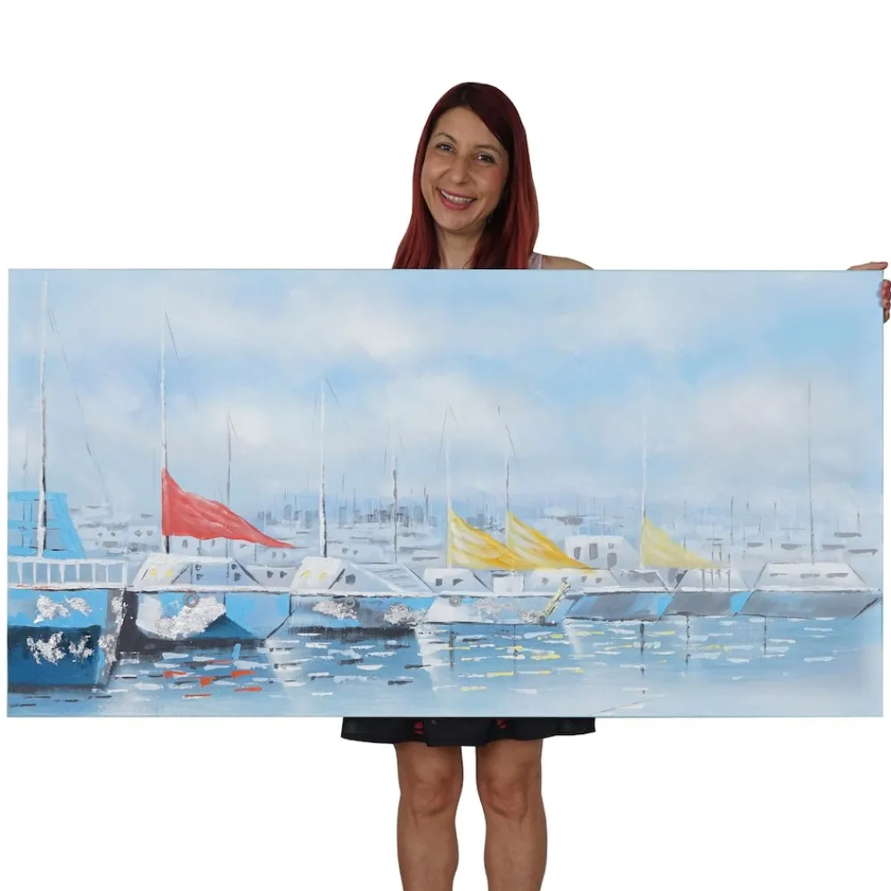 Wandbild Boote, 100% handgemaltes Ölgemälde Gemälde XL, 140x70cm ^ MCW