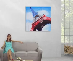 MCW Wandbild Eiffelturm Tricolore, 100% handgemaltes Ölgemälde Gemälde XL, 100x100cm