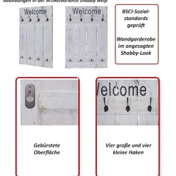 MCW Wandgarderobe -C89 Welcome, Garderobe Garderobenpaneel, Shabby-Look Vintage, 91x60cm ~ grau-blau Discount