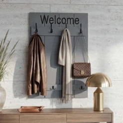 MCW Wandgarderobe -C89 Welcome, Garderobe Garderobenpaneel, Shabby-Look Vintage, 91x60cm ~ grau-blau Discount