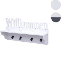 Wandgarderobe -D41 Willkommen, Garderobe Regal, 4 Haken massiv 30x60x13cm ~ weiß ^ MCW Hot