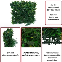 Wandpaneel -O94, Pflanzenwand Wanddeko Kunstpflanze, In-/Outdoor, 4x je 50x50cm = 1m², Pflanzen grün ^ MCW Clearance