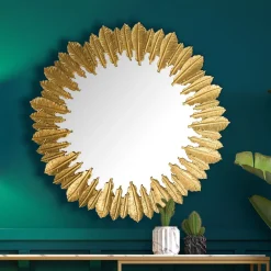 Wandspiegel Rund Metall Gold 68 cm Federn-Design ^ KADIMA DESIGN Best