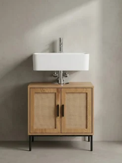 Waschbeckenunterschrank Eiche-Optik 60x60x40cm mit Türen und Rattangeflecht ^ KADIMA DESIGN Discount