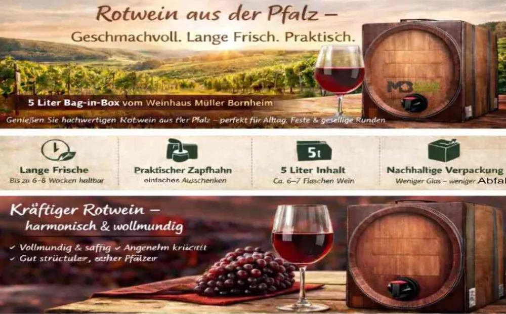 Weinhaus Müller Bornheim Pfalz Spätburgunder Rotwein trocken 13 % vol. 5 Liter Bag in Box Best