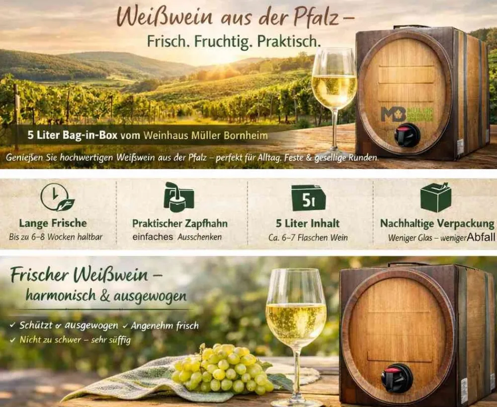 Weinhaus Müller Bornheim Pfalz Weißer Burgunder Weißwein trocken 12 % vol. 5 Liter Bag in Box Clearance