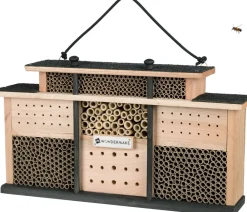 Design Insektenhotel aus Holz mit 7 Zimmern und Terrasse, Bienenhotel groß hängend Nisthilfe für Wildbienen, 48 x 10,5 x 27 cm, braun schwarz ^ WONDERMAKE® Discount