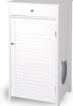 WONDERMAKE® Katzenschrank für Katzentoilette groß hoch aus Holz, Katzenklo-Schrank Kommode mit Schublade und Tür geschlossen, Design Katzen-Haus Toilette Klo XL, 51 x 46 x 96 cm, weiß New