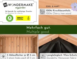 WONDERMAKE® Premium Hochbeet aus Kirschbaum Holz groß für Garten Balkon Terrasse, Pflanzkasten Bausatz XL hochwertig rechteckig mit Vlies-Folie, Kräuterbeet Pflanzenkasten deko, braun Discount