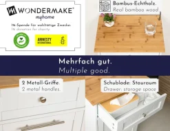 WONDERMAKE® Wäscheschrank hoch oder Mülleimer-Schrank aus Holz / Bambus, Wäschesammler Hochschrank für Badezimmer oder Küche ausklappbar mit Schublade, 51 x 37 x 82 cm, weiß New