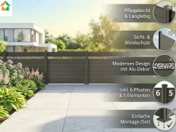 WPC-Sichtschutzzaun Valla – 5 Elemente mit 6 Pfosten – 130 cm Höhe mit Dekorelement – Grau ^ Prestige Home Living Outdoor Outlet