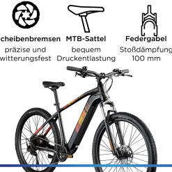Zündapp Z808 E Bike Mountainbike 29" für Herren ab 160 cm Pedelec 10 Gang Elektrofahrrad 540Wh Scheibenbremsen schwarz/orange