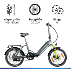 Zündapp ZT20R Ebike Klapprad für Erwachsene 145 - 185 cm Pedelec für Damen und Herren 20 Zoll mit 6 Gängen Elektro Bike Faltrad grau/grün Hot